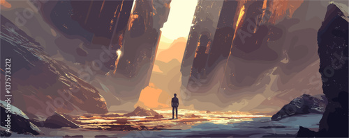 Solitary figure in sunlit canyon surrounded by majestic cliff walls - vector.