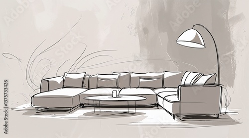 Living room sketch in black on white. Interior sketch, sofa, lamp and other furniture. Illustration