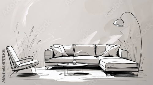 Living room sketch in black on white. Interior sketch, sofa, lamp and other furniture. Illustration