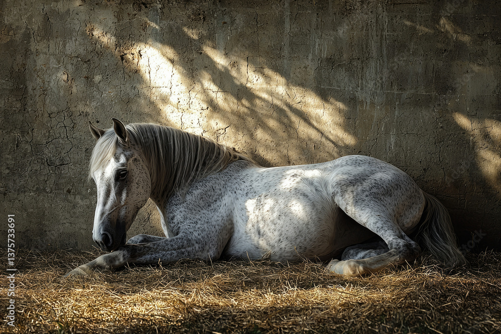 Fototapeta premium A dappled grey horse rests peacefully in a sunlit stable, surrounded by hay.