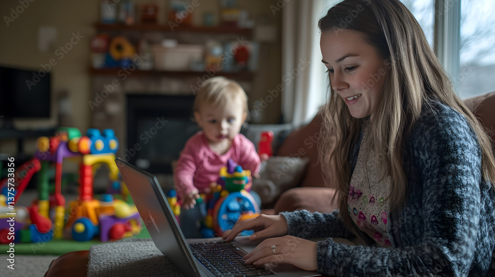 Fototapeta premium working from home, typing on a laptop while her child plays with toys in the background, creating a harmonious balance 