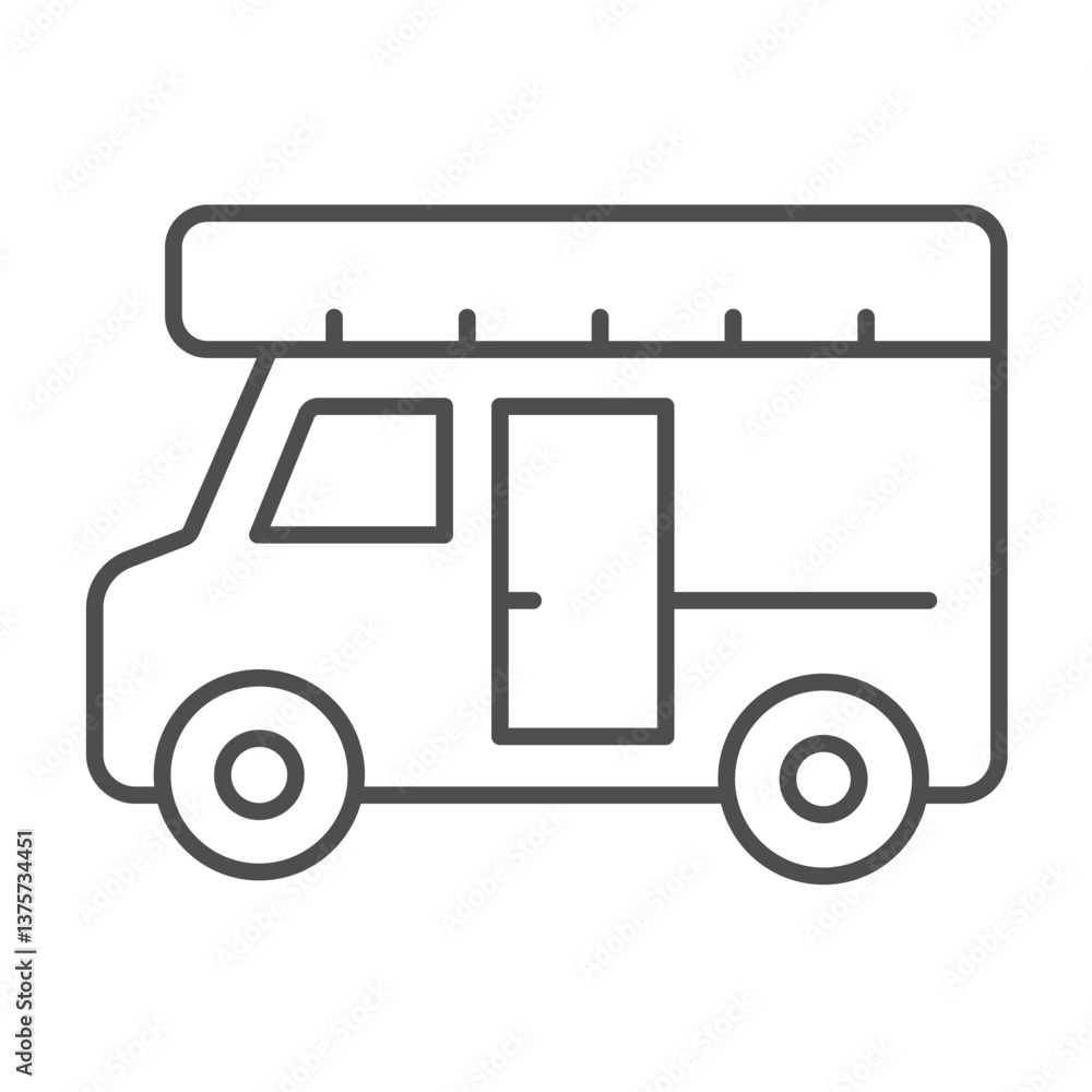 Fototapeta premium Trailer vehicle thin line icon, eco tourism concept. Vector graphics. Van truck, motorhome bus, transport sign on white background, outline style icon for mobile or web design.