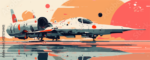 Futuristic spaceship with retro sci-fi design and vibrant colors, landscape vector.