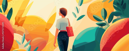 Woman walking through vibrant abstract garden with bright colors and leaves - vector.
