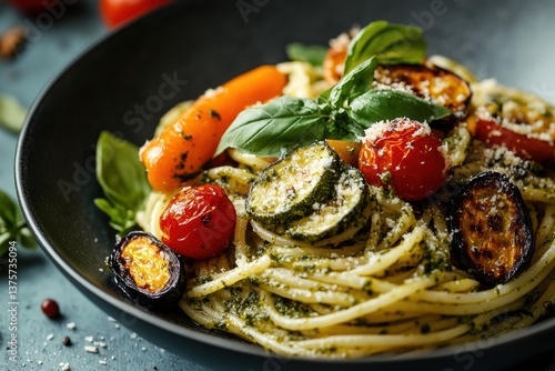 Freshly prepared pasta with vibrant vegetables and basil in a cozy dining setting on a vibrant blue table