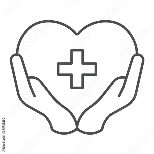Heart and medical cross in hands thin line icon, charity concept. Vector graphics. Hands with cross on heart, donation sign on white background, outline style icon for mobile or web design.