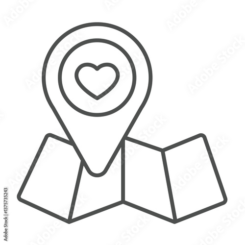 Map and location pin with heart thin line icon, charity concept. Vector graphics. Donation point on paper map sign on white background, outline style icon for mobile or web design.