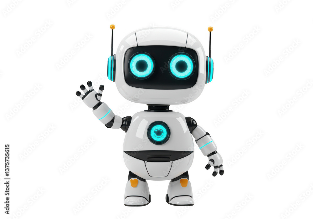 A white robot waving with a speech bubble on a gray background A white robot waving with a speech bubble on a gray background