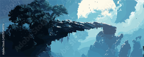 Dramatic moonlit landscape with rocky arch and trees at night – vector.
