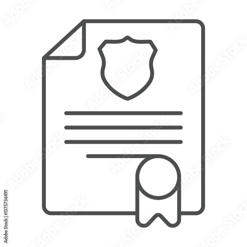 Arrest order document thin line icon, law enforcement concept. Vector graphics. Paper with police emblem and seal ribbon sign on white background, outline style icon for mobile or web design.