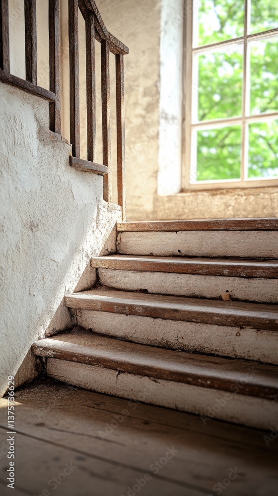 Obraz premium Staircase leading towards a sunlit window in an old building with rustic charm, inviting natural light and illuminating the weathered wooden steps