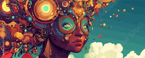 Colorful abstract art with woman's face and futuristic elements - vector.