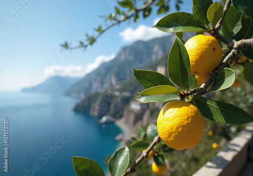 Branch with ripe lemons. Mediterranean landscape with lemon trees garden, citrus cultivated with ripe yellow fruits. Organic fresh lemons ready to harvest