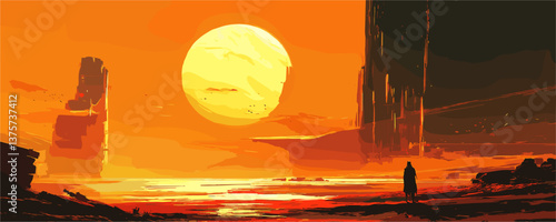 Surreal landscape with giant sun and lone figure at sunset – vector.