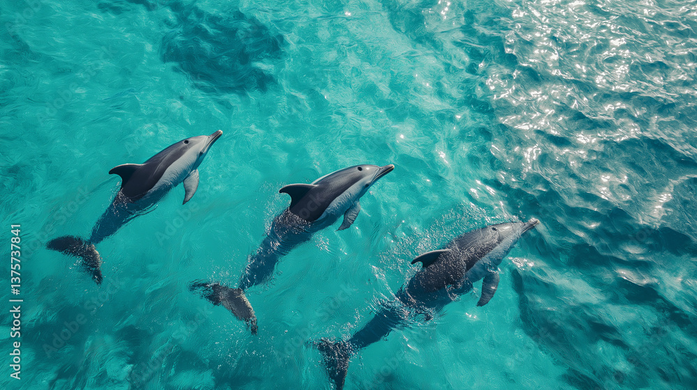 Obraz premium A pod of dolphins swimming in crystal-clear turquoise waters