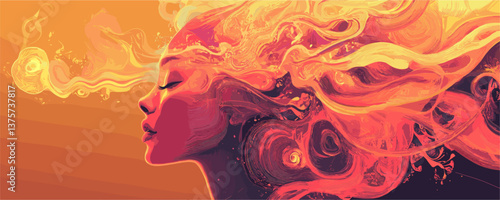 Mystical woman in fiery swirls with closed eyes in dreamlike state - vector.