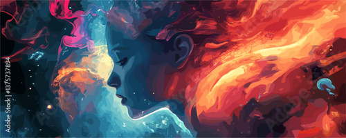 Cosmic profile silhouette with fiery and celestial colors in abstract galaxy art - vector.