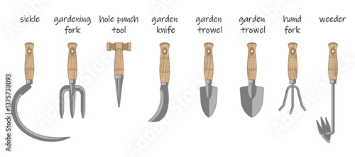 Garden tools set. Garden tools with wooden handle. Vector illustration isolated on white. Garden tools names.