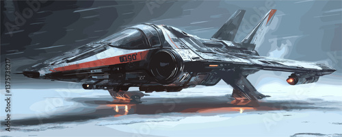Futuristic spaceship on alien terrain with glowing thrusters - vector.