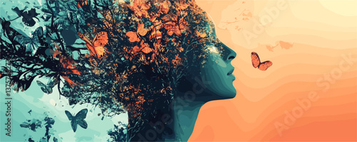 Surreal double exposure of nature and woman with butterflies in profile – vector.