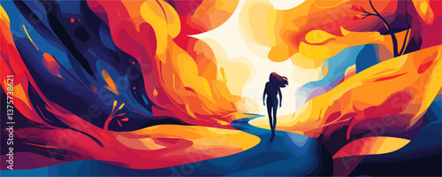Surreal landscape with silhouette woman on colorful path, abstract art - vector.