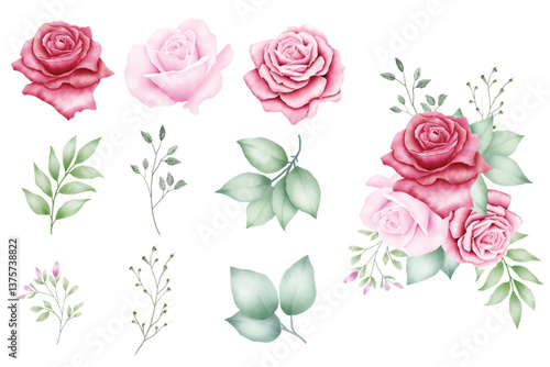 watercolor green leaves and flower rose element