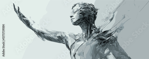 Futuristic cybernetic being with outstretched arm in abstract design, monochrome vector.