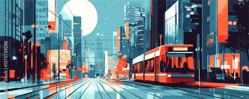 Modern cityscape with red tram on busy street at dusk, urban background - vector.