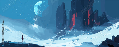 Surreal snowy landscape with moonlit sky and lonely figure - vector.