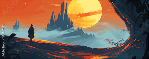 Solitary traveler gazes at enigmatic landscape with sunset and castle silhouette - vector.