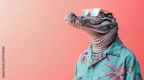 An anthropomorphic alligator wearing sunglasses and a tropical shirt.