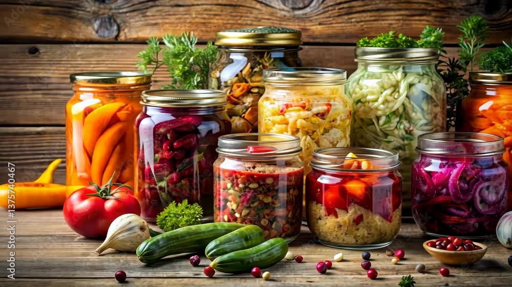 Preserved Garden Delights A Colorful Array of Pickled and Fermented Vegetables in Glass Jars Preserved Garden Delights A Colorful Array of Pickled and Fermented Vegetables in Glass Jars