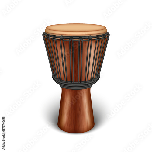 Traditional African wooden djembe drum with rope tuning side isometric view isolated on white background vector 3d object, ethnic handcrafted African percussion music instrument with goatskin drumhead