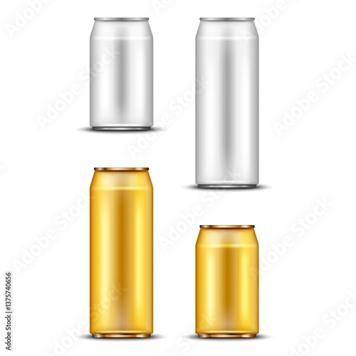 Set of blank aluminum beverage cans in silver and gold isolated on white background, 0.5 and 0.33 sizes for beer, soda, energy drinks, and soft drinks, realistic vector product packaging mockup.