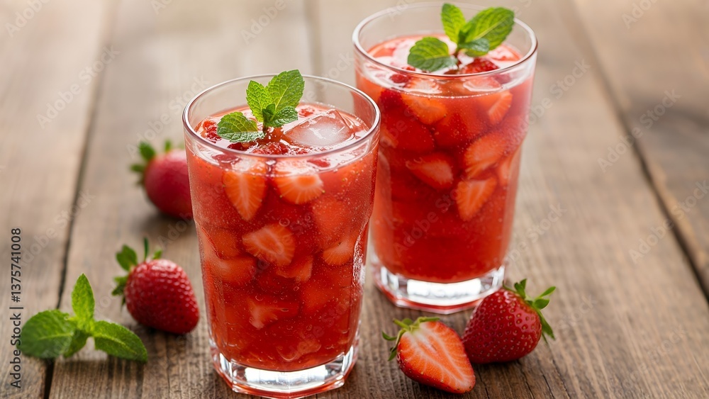 Refreshing strawberry cocktails with mint leaves and ice cubes on a rustic wooden table. Perfect for summer gatherings and fruity refreshment. Refreshing strawberry cocktails with mint leaves and ice cubes on a rustic wooden table. Perfect for summer gatherings and fruity refreshment.