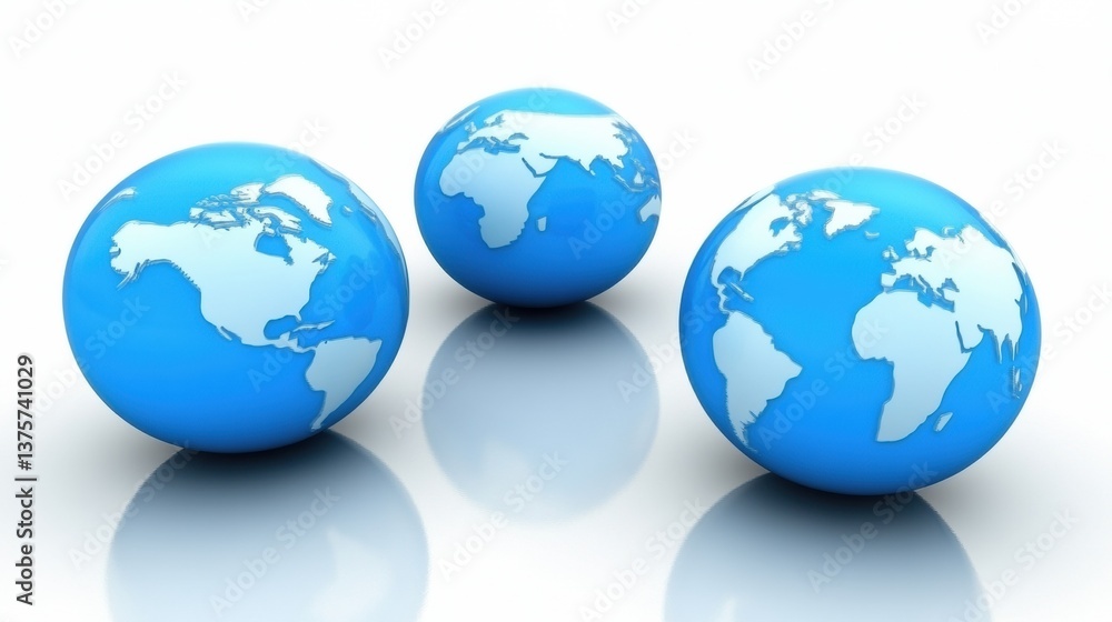 Fototapeta premium Three Blue Globes on White Background 3D Render