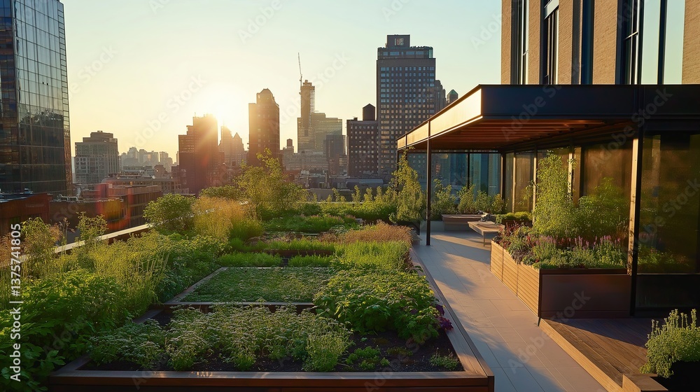 Fototapeta premium A serene rooftop garden overlooking a bustling metropolis