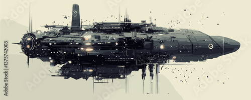 Futuristic spaceship with intricate details flying in space scene - vector.