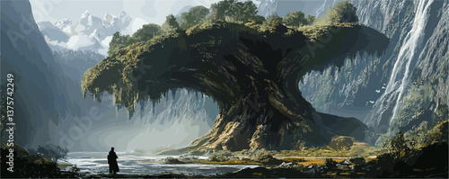Majestic ancient tree in mountainous landscape with waterfalls and figure in silhouette - vector.