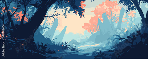 Enchanting forest at sunrise with silhouetted trees and misty atmosphere - vector.