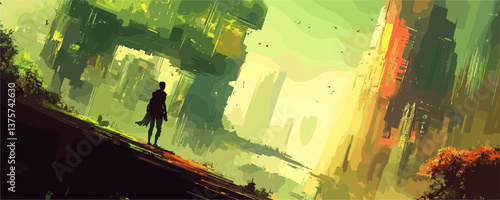 Futuristic urban landscape with lone traveler amidst city ruins - digital art vector.