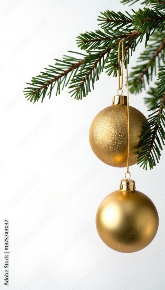 Winter scene with golden ornaments hanging from a branch isolated on white background, ornaments, holiday Winter scene with golden ornaments hanging from a branch isolated on white background, ornaments, holiday