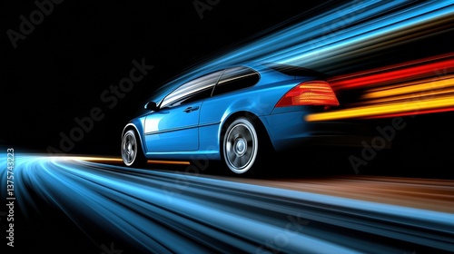 Blue Sports Car Speeding at Night Motion Blur