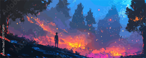 Silhouette of a child in enchanted forest with glowing lights at sunset, fantasy landscape vector.