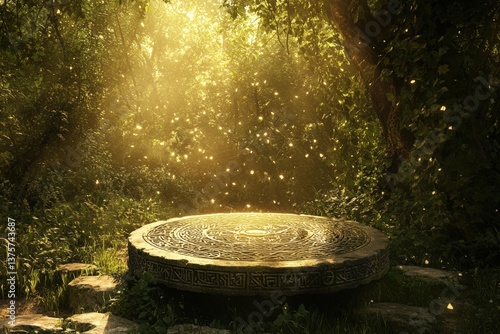 Enchanted stone altar in sunlit overgrown forest