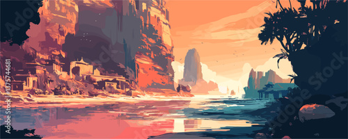 Dramatic landscape with cliffs and river in sunset colors - vector.