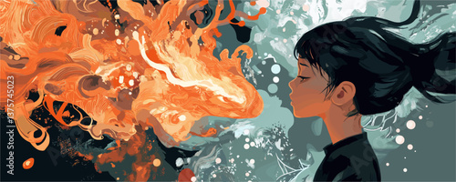 Woman facing fiery dragon in whirlwind of colors and light, surreal art - vector.