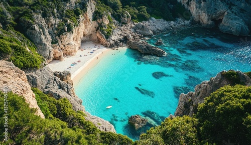 Stunning coastal paradise, pristine white sand beach nestled within a turquoise bay, surrounded by dramatic cliffs and lush greenery
