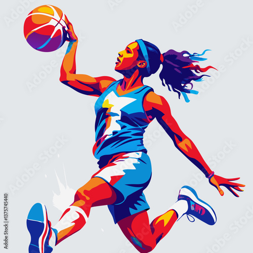 Female basketball player dunking a ball in a colorful pop art style, sports action concept