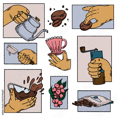 Hand drawn vector poster on coffee theme in retro style. Coffee branch, hands with coffee equipment: coffee grinder, pourover funnel, brewing kettle, coffee machine horn, etc.